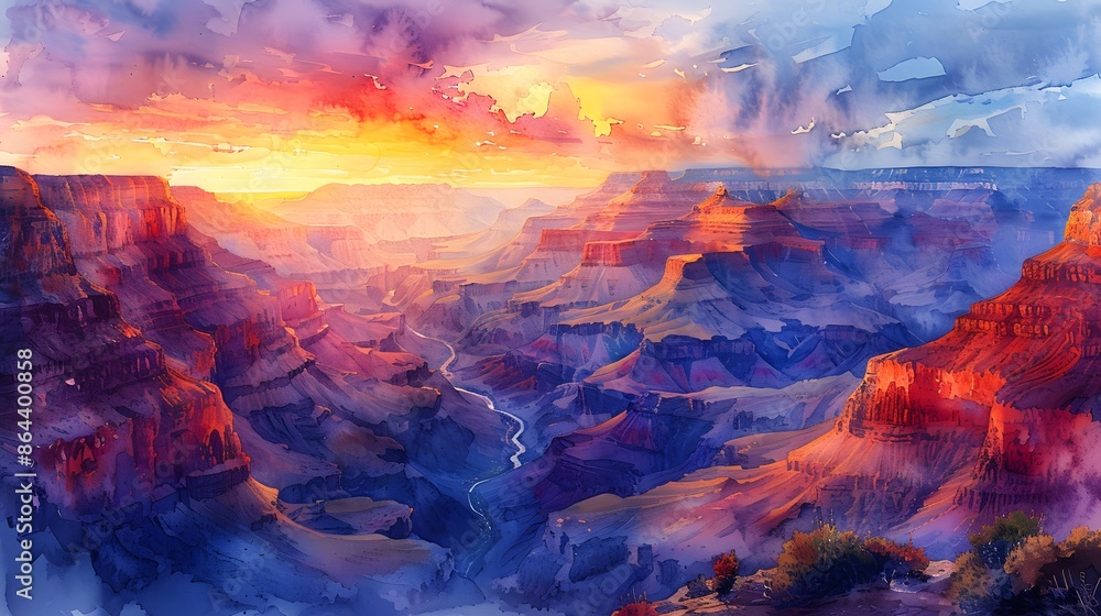 custom made wallpaper toronto digitalA watercolor landscape of a stunning canyon, intricate rock layers in vibrant red and orange hues, a tranquil river flowing at the base, the sky filled with soft pastel colors of dusk, a serene and aw