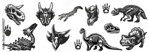 Dinosaur skeleton. Dinosaur tattoo dino skull, vector prehistoric archaeology fossil icon. Jurassic reptile engraving sticker, triceratops silhouette, reptor head. Archeology. Vector illustration. 