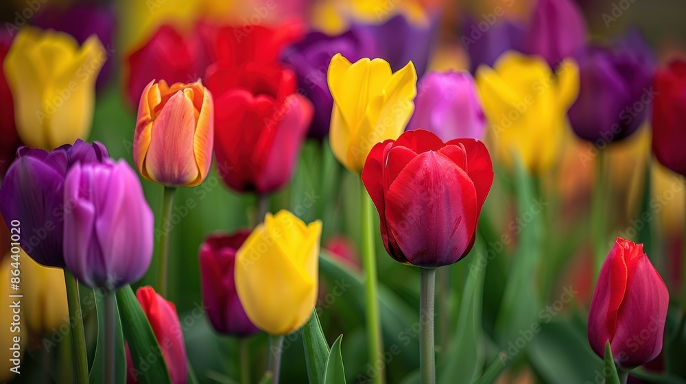 Close-up of colorful tulips in full bloom, with vibrant reds, yellows, and purples highlighting the beauty and diversity of spring flowers Close-up of colorful tulips in full bloom, with vibrant reds, yellows, and purples highlighting the beauty and diversity of spring flowers