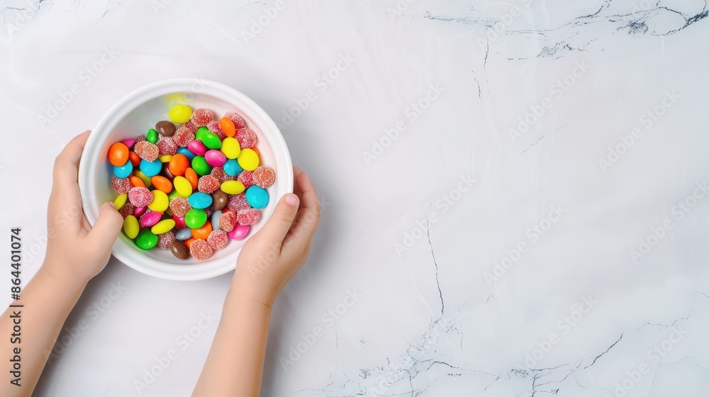 A child's hands holding a bowl of colorful candies against a white marble background, showcasing a vibrant and playful treat selection. A child's hands holding a bowl of colorful candies against a white marble background, showcasing a vibrant and playful treat selection.