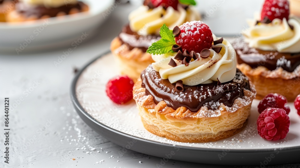 Elegant raspberry cream pastry on a glazed chocolate base, adorned with fresh raspberries and dusted with powdered sugar Elegant raspberry cream pastry on a glazed chocolate base, adorned with fresh raspberries and dusted with powdered sugar
