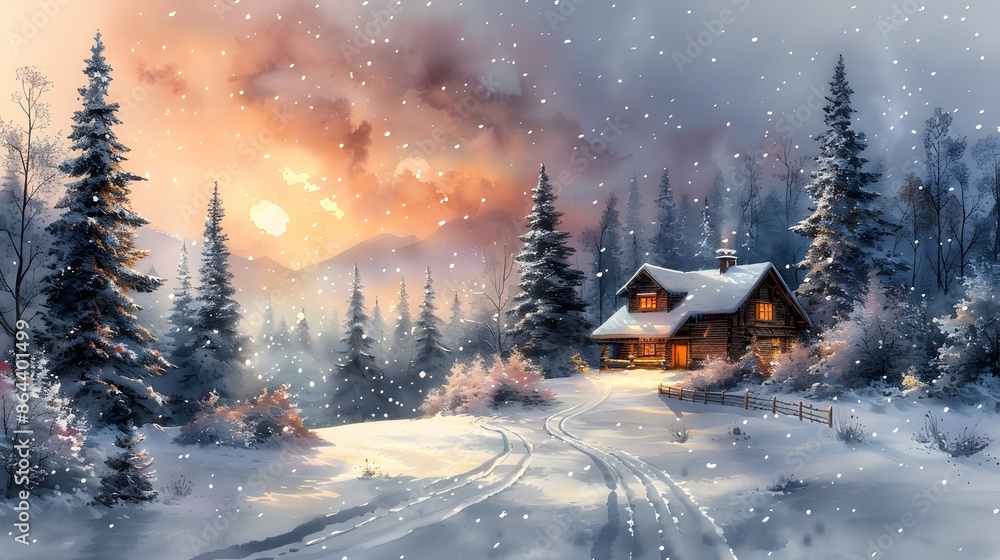 A watercolor landscape of a winter wonderland, frosted trees and a cozy cabin, snow gently falling, creating a serene and peaceful atmosphere, the cabin glowing warmly in the snowy landscape. A watercolor landscape of a winter wonderland, frosted trees and a cozy cabin, snow gently falling, creating a serene and peaceful atmosphere, the cabin glowing warmly in the snowy landscape.