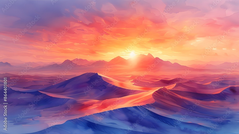 A watercolor landscape of desert dunes at sunset, the sky filled with rich hues of orange, pink, and purple, smooth rolling dunes with intricate shadows, a serene and tranquil atmosphere. A watercolor landscape of desert dunes at sunset, the sky filled with rich hues of orange, pink, and purple, smooth rolling dunes with intricate shadows, a serene and tranquil atmosphere.