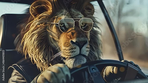 Lion wearing glasses driving a car, with muscular body, long hair, leather vest and black pants. Cool style in photorealistic technique with detailed background in hyperrealism. photo