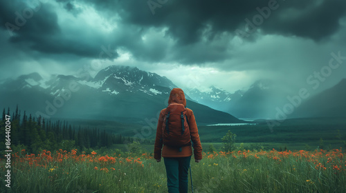 A person hiking in the wilderness with storm clouds approaching, symbolizing the danger of being caught in a storm.
 photo