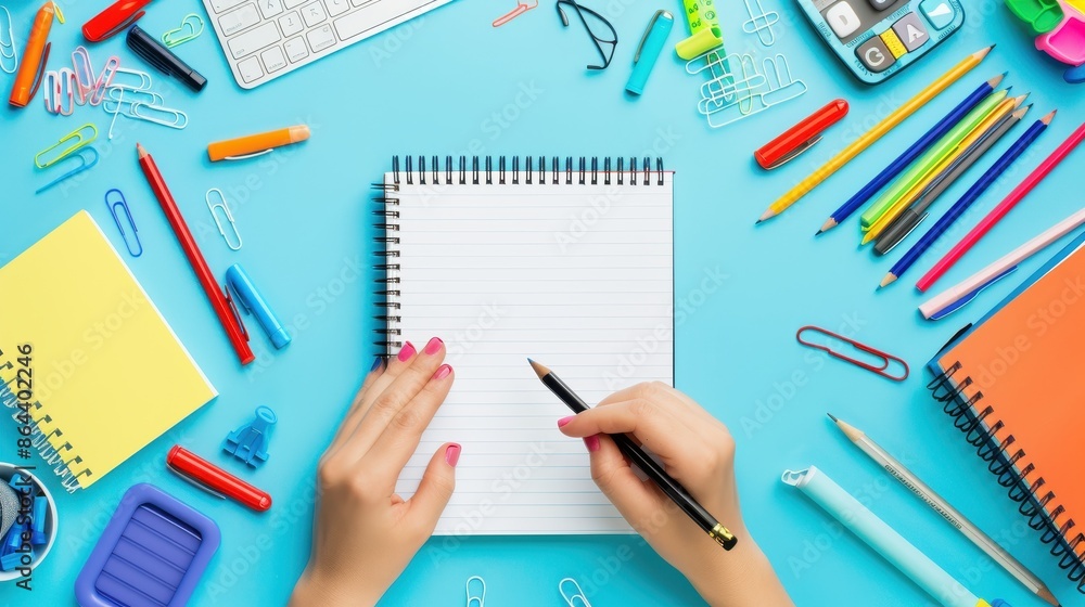 Top view of a vibrant workspace with office supplies, notebook, and close-up of hands holding a pen on a blue background. Top view of a vibrant workspace with office supplies, notebook, and close-up of hands holding a pen on a blue background.