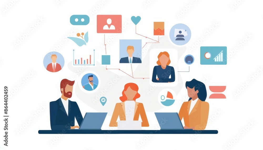 Team collaborating on laptops with infographic icons, communicative workspace, digital interaction. Ideal for business and productivity themes. Team collaborating on laptops with infographic icons, communicative workspace, digital interaction. Ideal for business and productivity themes.