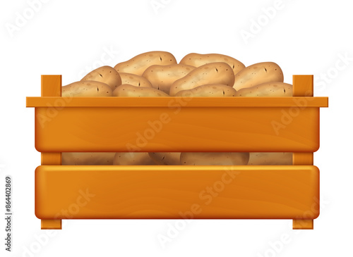 Wooden box with potato. Vector clipart isolated on white background.