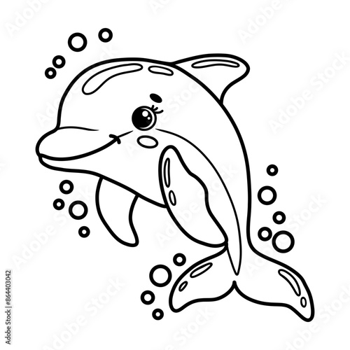 Cute cartoon smiling dolphin with bubbles. Black and white outline vector Illustration. Children's coloring page book