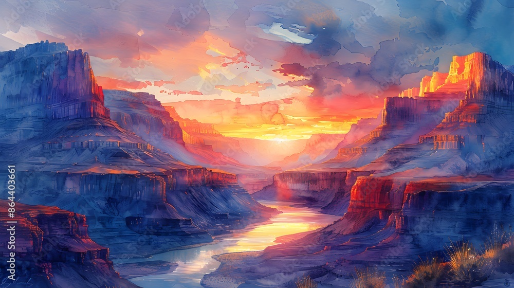 Fototapeta premium A watercolor painting of a majestic canyon, layered rock formations glowing in the light of the setting sun, a river winding through the base, the sky filled with vibrant sunset colors, a serene and t