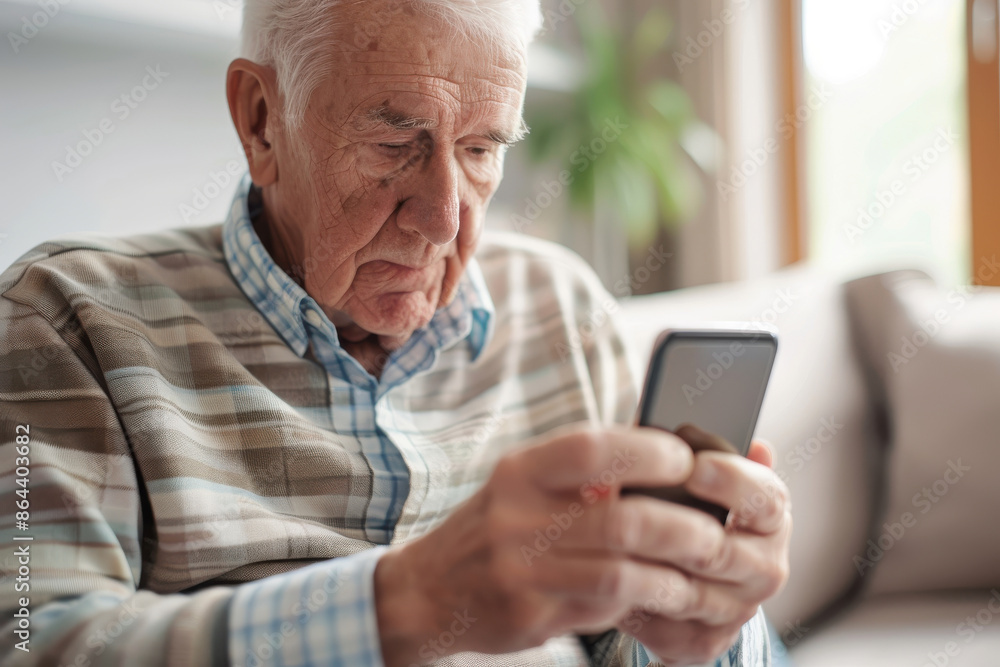 Elderly man using a smartphone, focusing intently while seated on a comfortable sofa in a modern living room. Elderly man using a smartphone, focusing intently while seated on a comfortable sofa in a modern living room.