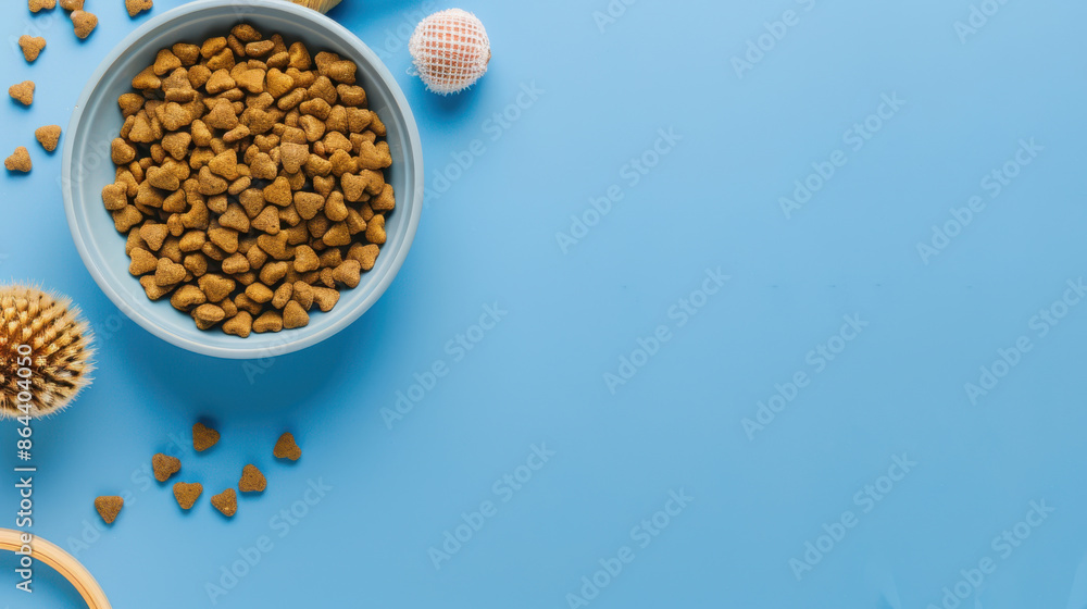 Top view of pet food in a bowl on blue background with pet grooming brush. Perfect for articles on pet care, nutrition, and grooming. Top view of pet food in a bowl on blue background with pet grooming brush. Perfect for articles on pet care, nutrition, and grooming.