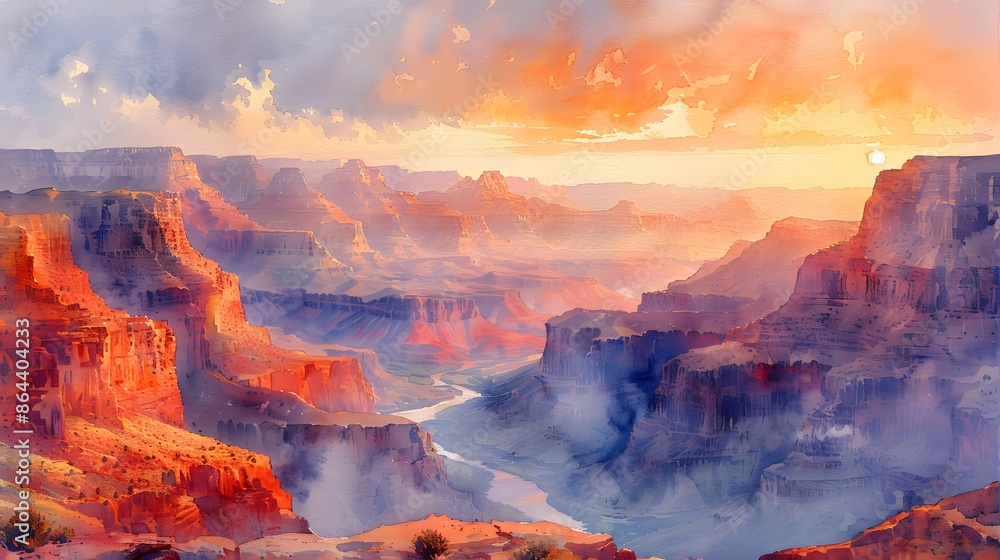 Fototapeta premium A watercolor painting of a breathtaking canyon view, layered rock formations in shades of red and orange, a winding river below, the sky filled with soft hues of dawn, a peaceful and awe-inspiring atm