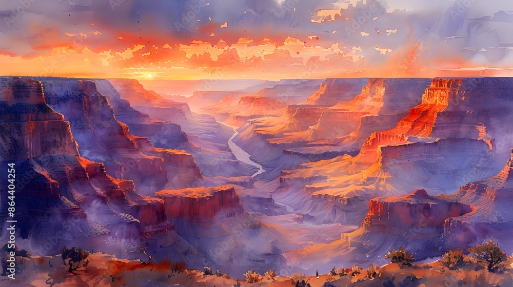 Fototapeta premium A watercolor painting of a breathtaking canyon view, layered rock formations in shades of red and orange, a winding river below, the sky filled with soft hues of dawn, a peaceful and awe-inspiring atm