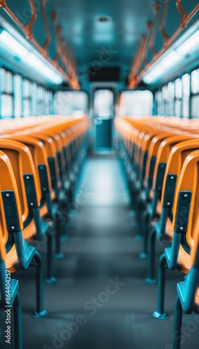Interior of an empty public bus with orange seats and blue floor, creating a vibrant and modern look. Perfect for urban transportation themes.