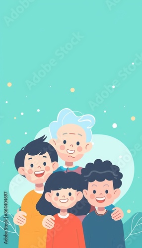 Illustration of a happy group of diverse children smiling with an elderly person, set against a bright blue background with whimsical elements. © PrusarooYakk
