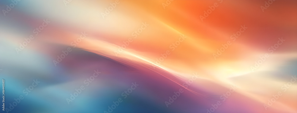 Obraz premium Blurred background with light blue, white, and orange gradient colors, featuring blurred shapes of sun rays. 