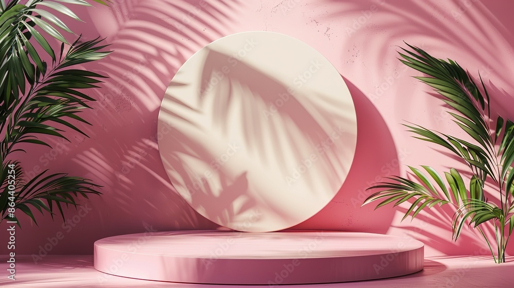 Pink Minimalist Product Display with Palm Leaves Pink Minimalist Product Display with Palm Leaves