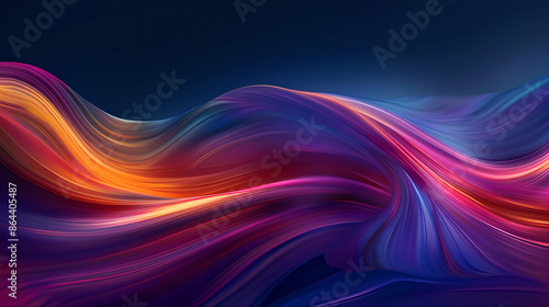 Abstract fluid 3D rendering of colorful shapes with smooth lines and iridescent colors, set against a dark background for a modern minimalist design. © T