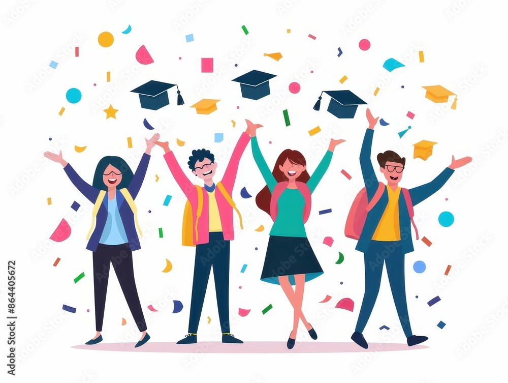 Fototapeta premium Group of happy students celebrating graduation with cap toss and confetti, cartoon style. Bright colors and joyful expressions.