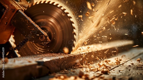 Close-up of a circular saw cutting a wooden board. Workshop and sawing machine. The blade of a circular saw on the desktop cuts a pine board.