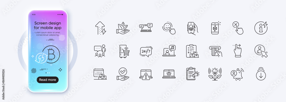 Fototapeta premium Delivery calendar, Energy growing and Megaphone checklist line icons for web app. Phone mockup gradient screen. Pack of Smile, Mail, Touchscreen gesture pictogram icons. Vector