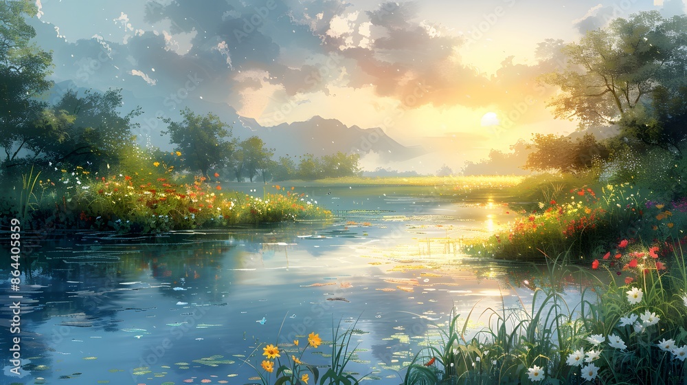 Fototapeta premium A watercolor painting of a tranquil riverbank, vibrant wildflowers, gently flowing water reflecting the soft hues of sunset, lush greenery along the shore, a peaceful and serene atmosphere.