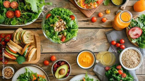 Wallpaper Mural Vegetarian meal setup with salad sandwiches and smoothie Promoting health with detox plan Room for text Overhead view Veggie lunch Slimming and cleansing Torontodigital.ca