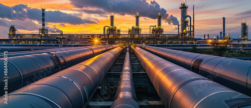 Industrial oil refinery with pipelines at sunset, showcasing energy infrastructure and modern technology in a dramatic landscape.