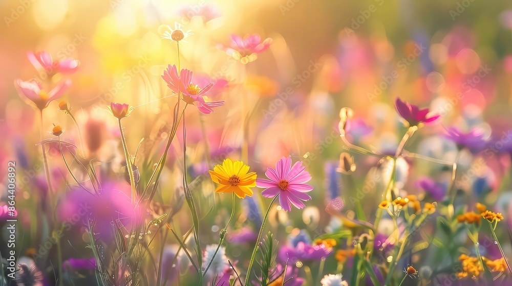 Flower field in sunlight, spring or summer garden background in closeup macro view or flowers meadow field in morning light. Flower field in sunlight, spring or summer garden background in closeup macro view or flowers meadow field in morning light.