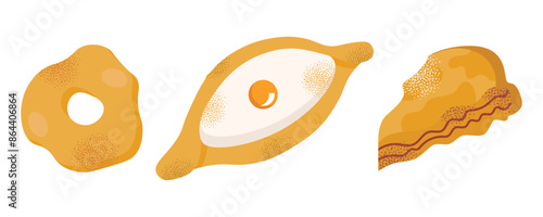 Georgian national dishes. Menu in a Georgian restaurant. Khachapuri, khinkali, dumplings, wine, pomegranate, dish. Classic dishes for lunch and dinner. Vector illustration isolated on background