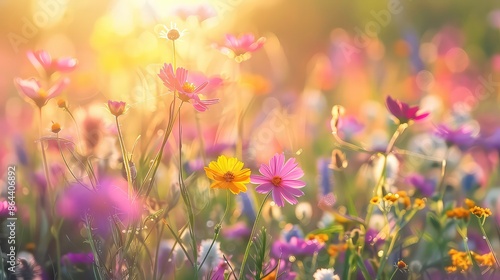 Flower field in sunlight, spring or summer garden background in closeup macro view or flowers meadow field in morning light.
