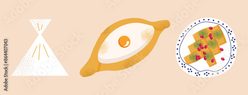 Georgian national dishes. Menu in a Georgian restaurant. Khachapuri, khinkali, dumplings, wine, pomegranate, dish. Classic dishes for lunch and dinner. Vector illustration isolated on background
