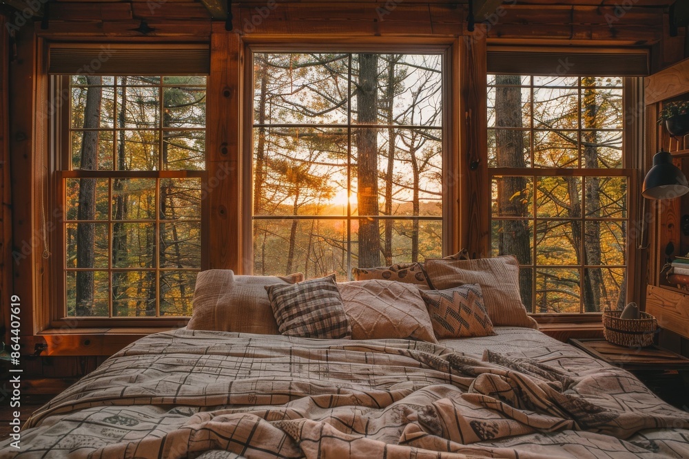 A cozy Bedroom in a wooden House in the woods. Relaxing in nature A cozy Bedroom in a wooden House in the woods. Relaxing in nature