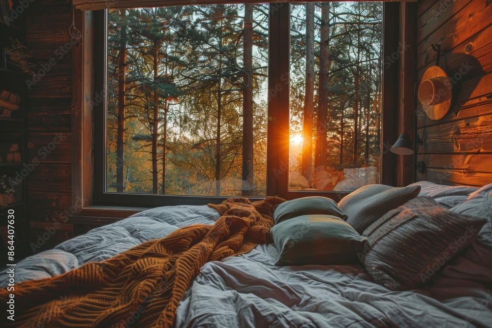 A cozy Bedroom in a wooden House in the woods. Relaxing in nature A cozy Bedroom in a wooden House in the woods. Relaxing in nature