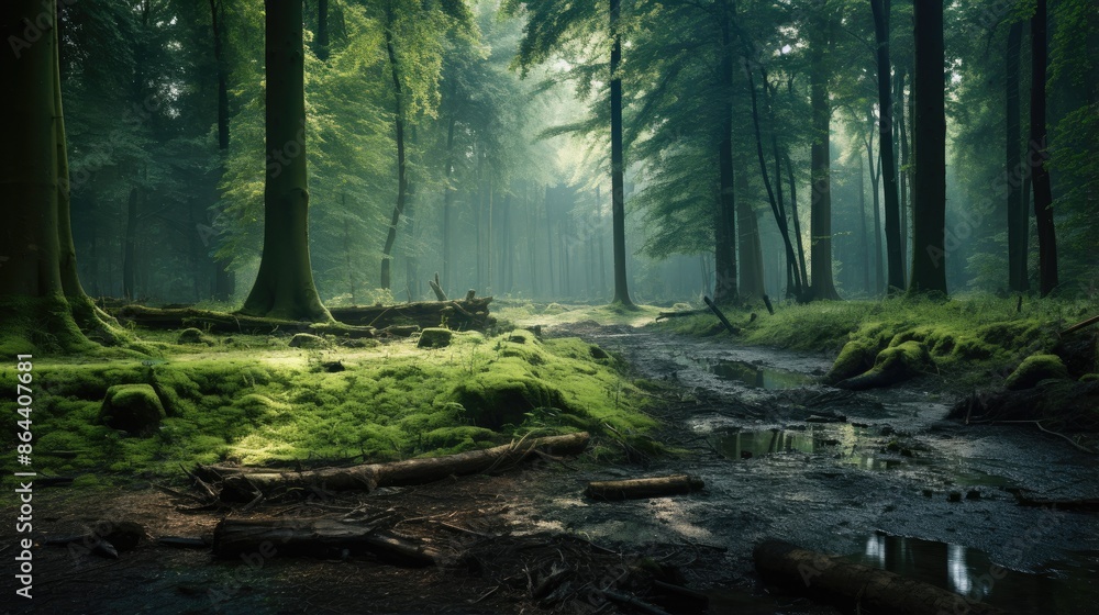 Fototapeta premium Mystical Forest Path with Sunlight and Moss