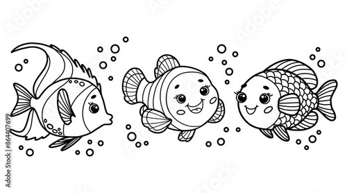  Cute cartoon fish trio with bubbles. Black and white outline vector Illustration. Children's coloring page book