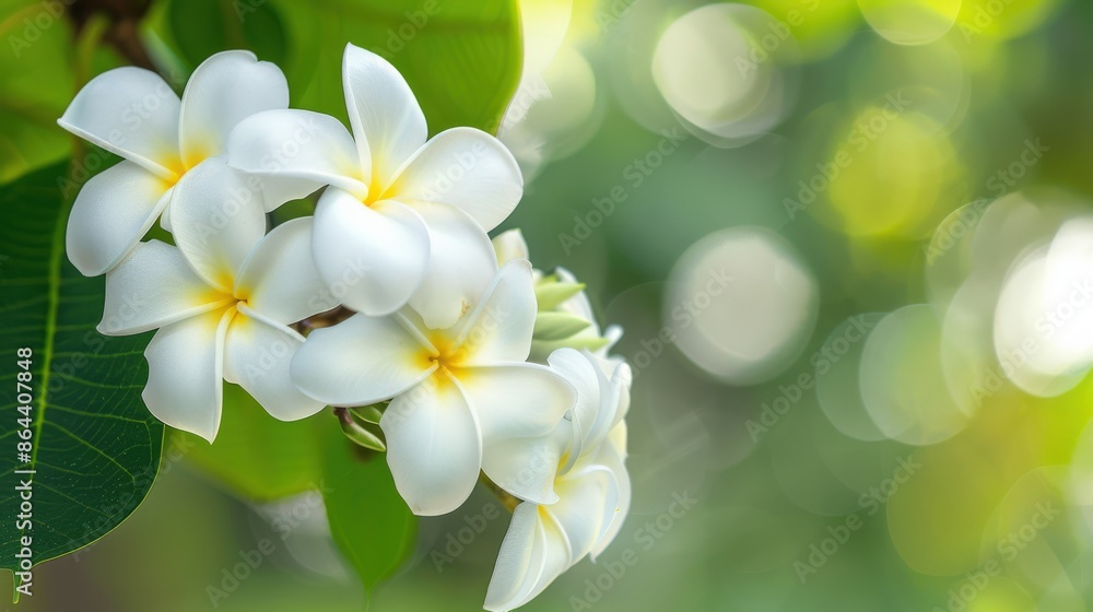 Close-up of the beautiful white frangipani (Leelawadee) flowers, often used in Thai spas and symbolizing immortality, against a natural green background Close-up of the beautiful white frangipani (Leelawadee) flowers, often used in Thai spas and symbolizing immortality, against a natural green background