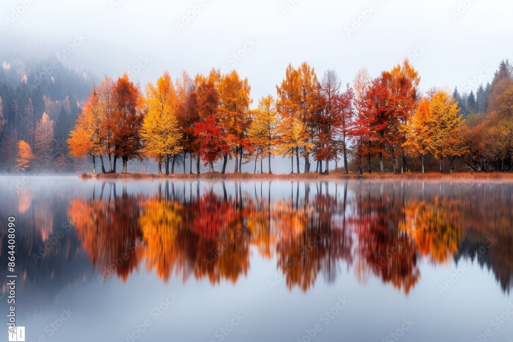 Colorful autumn trees perfectly reflected in a calm lake, creating a serene and picturesque landscape with mist in the background. Colorful autumn trees perfectly reflected in a calm lake, creating a serene and picturesque landscape with mist in the background.