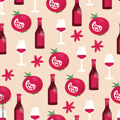 Georgian national dishes seamless pattern. Menu in restaurant. Khachapuri, khinkali, dumplings, wine, pomegranate, dish. Classic dishes for lunch and dinner. Vector illustration isolated on background