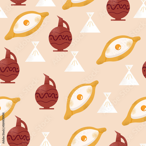 Georgian national dishes seamless pattern. Menu in restaurant. Khachapuri, khinkali, dumplings, wine, pomegranate, dish. Classic dishes for lunch and dinner. Vector illustration isolated on background