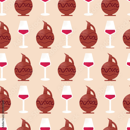 Georgian national dishes seamless pattern. Menu in restaurant. Khachapuri, khinkali, dumplings, wine, pomegranate, dish. Classic dishes for lunch and dinner. Vector illustration isolated on background