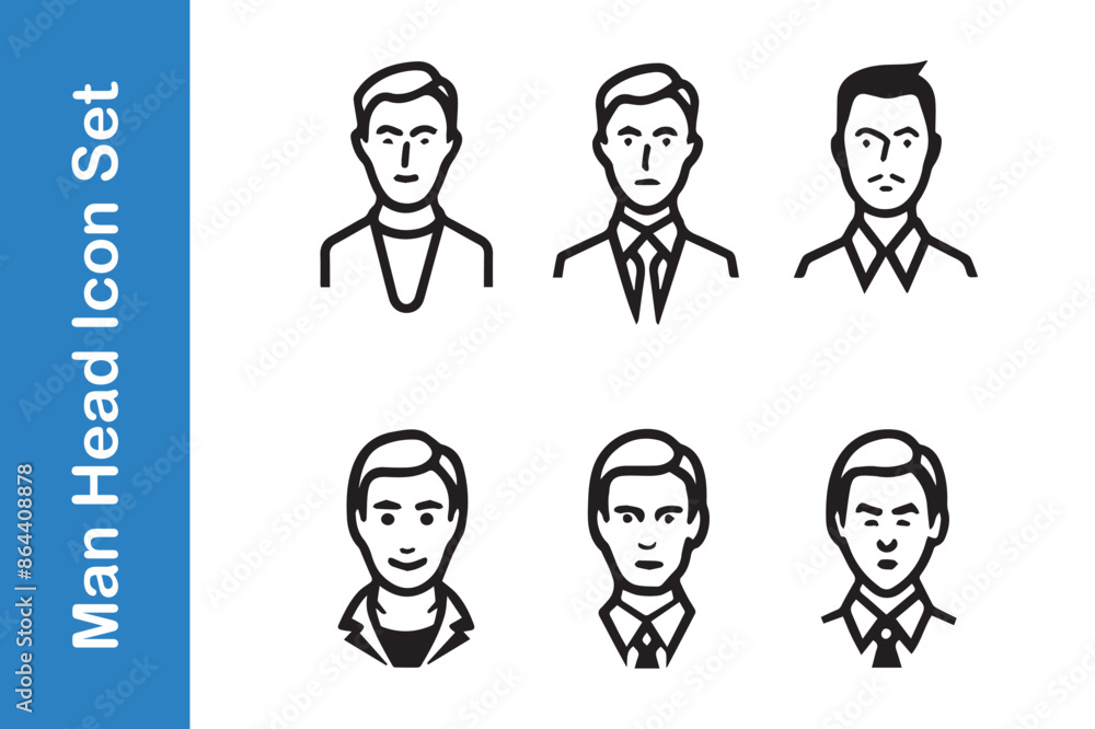Man head icons set with editable outline Man head icons set with editable outline