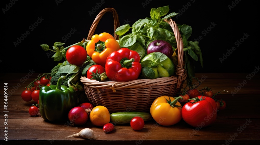 Freshly picked organic vegetables in a basket on a rustic wooden table. Vibrant produce for healthy eating, vegetarian and vegan diets. Freshly picked organic vegetables in a basket on a rustic wooden table. Vibrant produce for healthy eating, vegetarian and vegan diets.