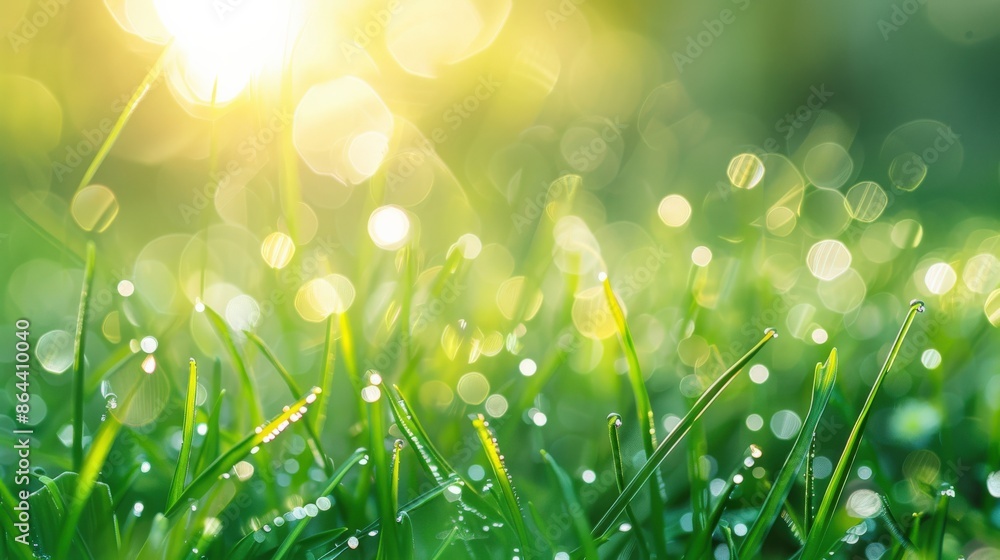 Obraz premium Dew-covered grass glistening in the early morning light, with tiny flowers starting to bloom, symbolizing the freshness and rejuvenation of spring