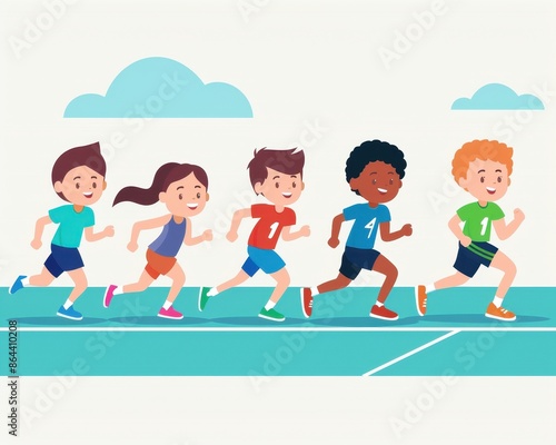 A group of children are running a race on a track, competing and having fun on a sunny day under a clear blue sky.