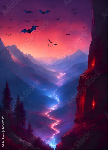 ALL glassblowing superrealism style urban vampire STYLE beautiful vampire mountains cliff trees galaxy some flying little bats outdoor RED purple-blue glow DESPAIR FEELING