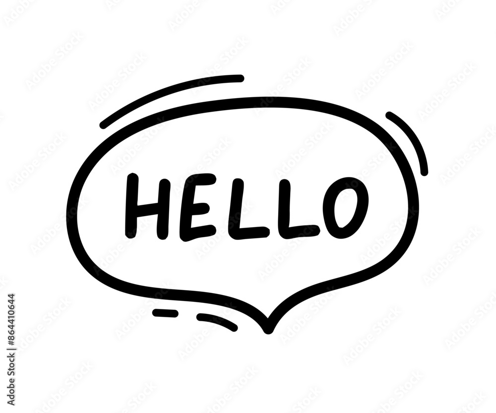 Speech balloon with Hello word, line hand drawn doodle. Talk bubble frame, dialog box, cloud with text of Hello greeting. Scribble simple line. Vector illustration Speech balloon with Hello word, line hand drawn doodle. Talk bubble frame, dialog box, cloud with text of Hello greeting. Scribble simple line. Vector illustration
