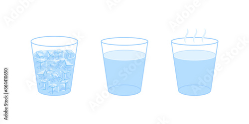 Ice cube, simple and hot with steam in glass. Different temperature of water. Frozen, gaseous vapor state of water. Vector illustration