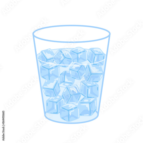 Ice cube in glass, frozen water drink in blocks. Refreshing ice cubes for drinking. Cold temperature in beverage. Vector illustration
